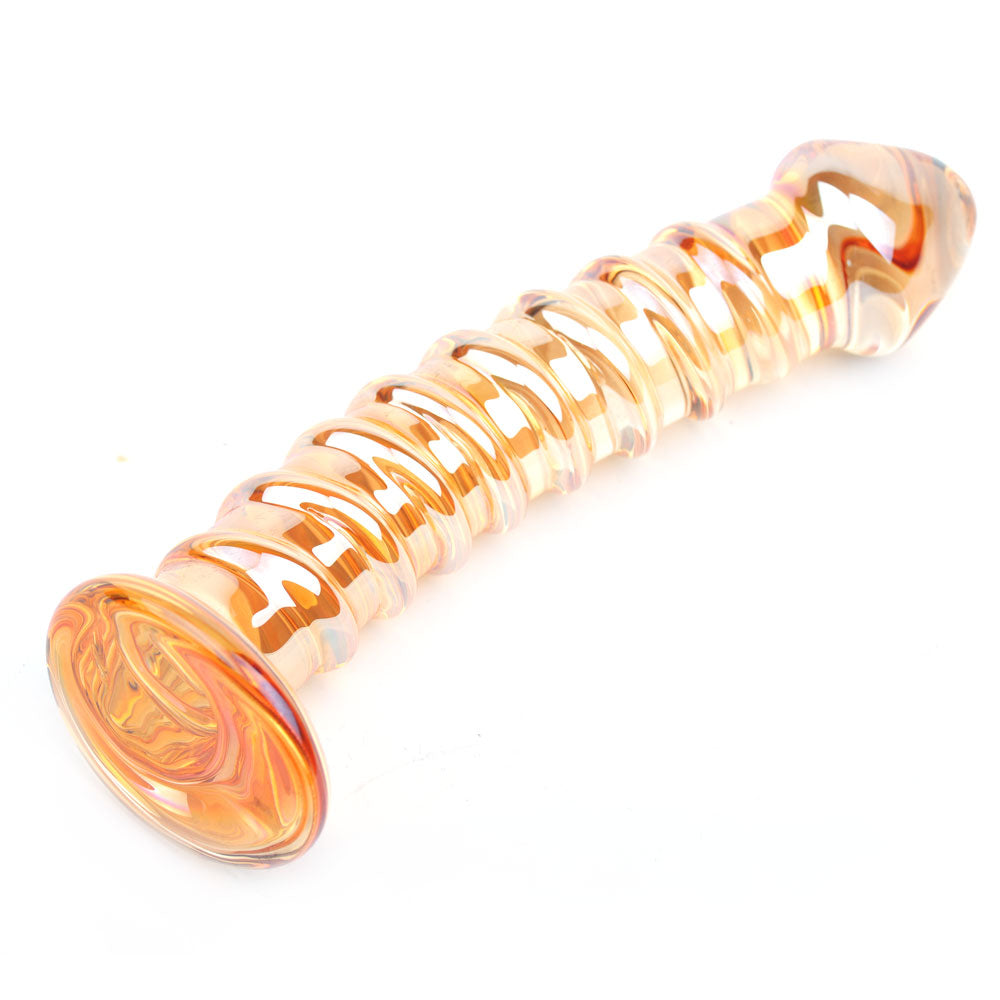 NutBustersXXX Sex Toys Gold Glass Dildo Ridged Shaft 